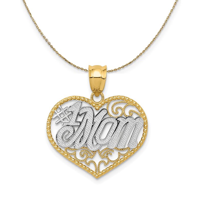 14k Yellow Gold And Rhodium Filigree #1 Mom Heart Necklace - 20 Inch